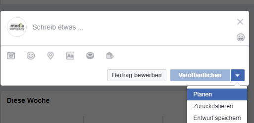 Feld für Posting bei Facebook bei dem die Möglichkeit besteht, den Post zu planen.