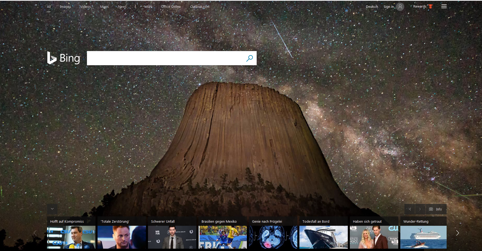 Bild zeigt das Design der Bing Suchmaschine: Foto des Devils Tower in Wyoming