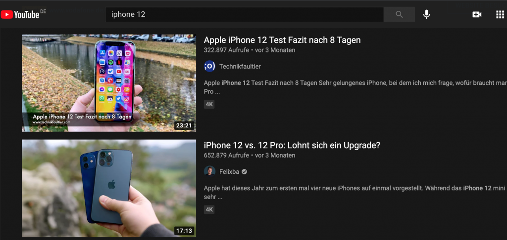 Screenshot YouTube Suchergebnisse zu "iPhone 12" - Blog: YouTube SEO